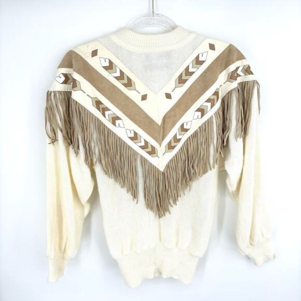 Vintage 80's Pioneer Wear Fringe Western Sweater Cream Tan Size Medium Chevron